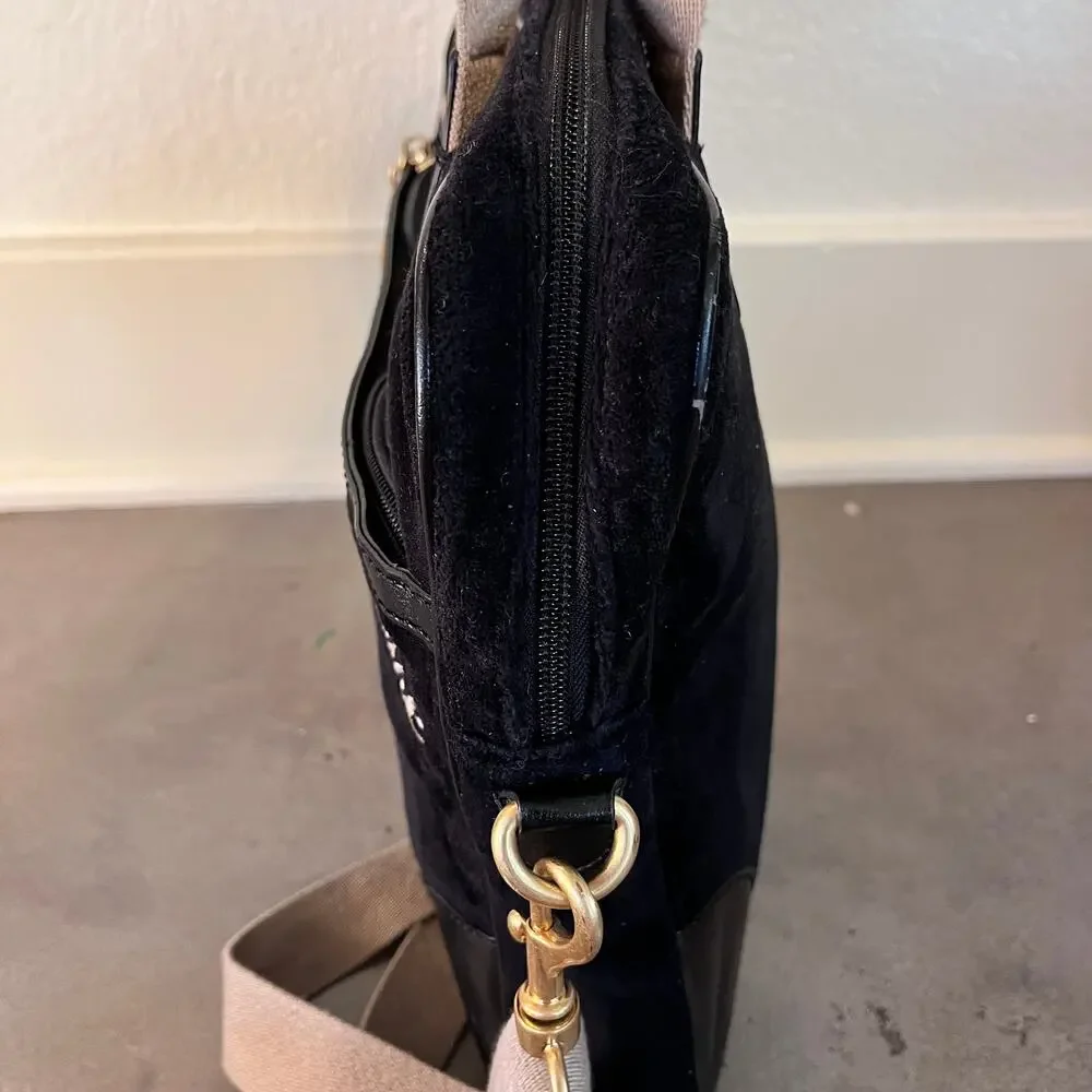 Juicy Couture Black velvet beige detail strap computer laptop messenger bag